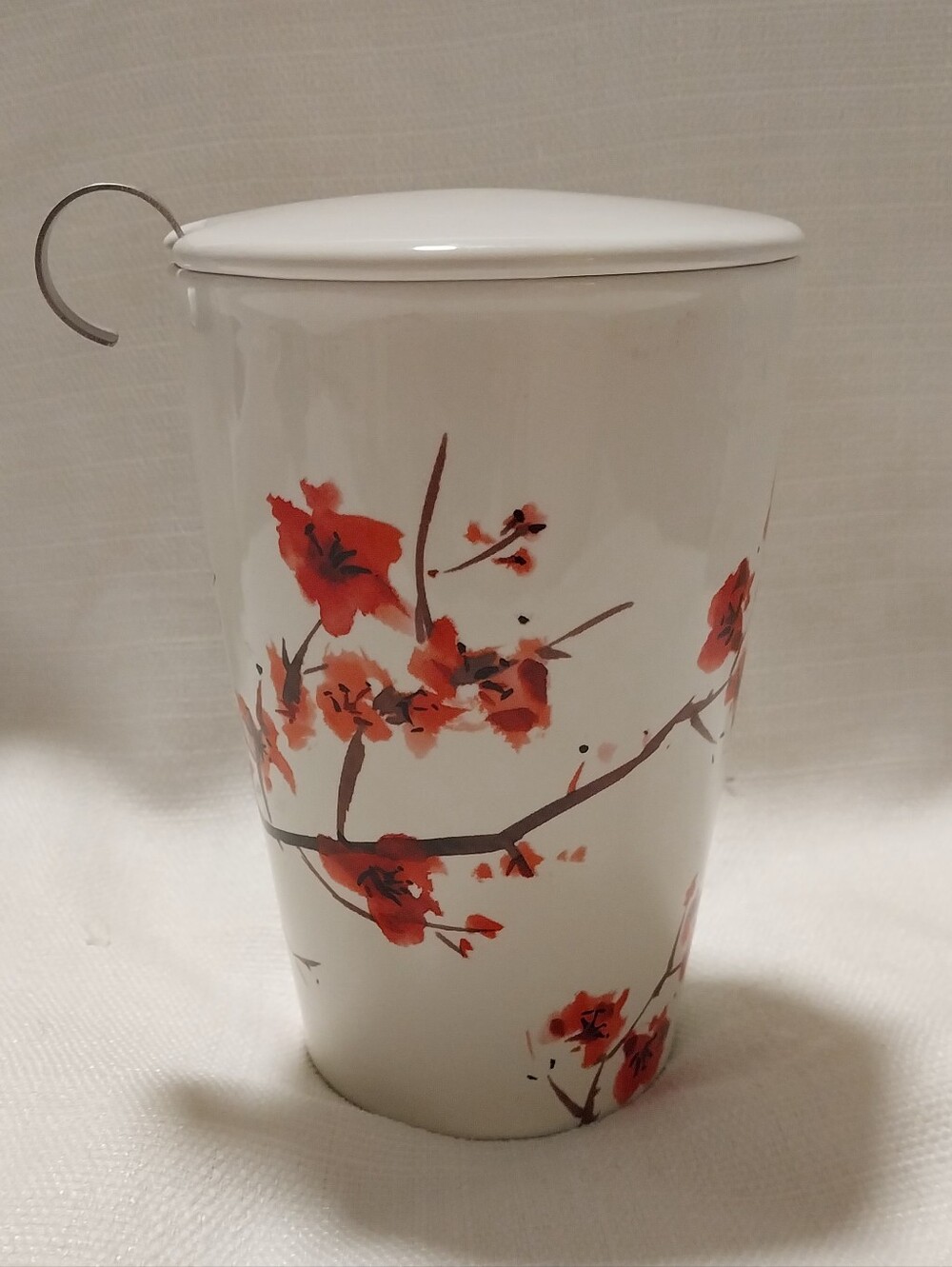 Tea Forte Cream & Red Cherry Blossom Ceramic 3 Piece Tea Infuser Tumbler Mug